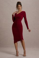 Berry Ruched Asymmetric Midi Dress